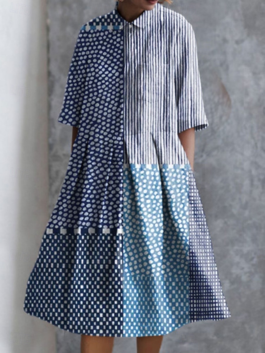 Per donna Abito Midi Abito a trapezio Abito Estivo Casual Quotidiano Vestibilità regolare Geometrico A righe Mezza Manica Bavero Rosso Blu Azzurro cielo Albicocca Estate del 2025 a $41.99 –P2
