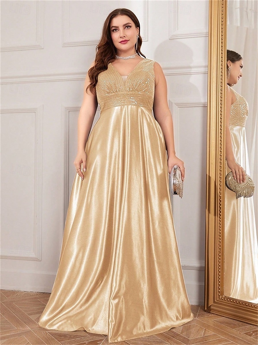 A-Line Plus Size Dresses Elegant Curve Dress Formal Wedding Floor Length Sleeveless V Neck Satin V Back with Pleats 2025 - $119.99 –P13