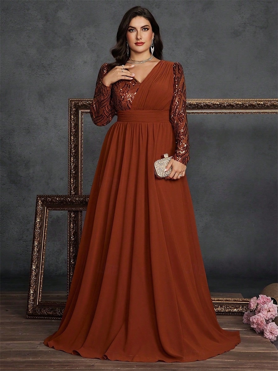 A-Line Plus Size Dresses Elegant Curve Dress Formal Wedding Floor Length Long Sleeve V Neck Chiffon with Sequin 2025 - $119.99 –P23