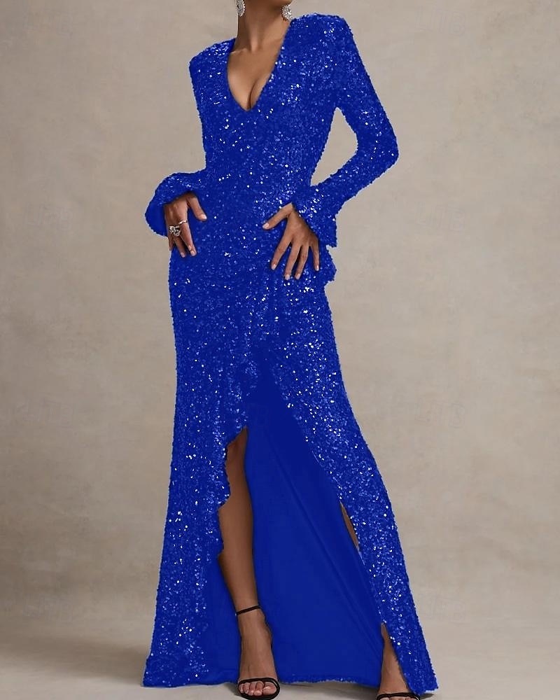Robe de soirée sirène  trompette paillettes extensibles élégante robe de mariage formelle longueur sol manches longues encolure carrée étincelante avec volants et fente de 2025 ? $145.99 –P8