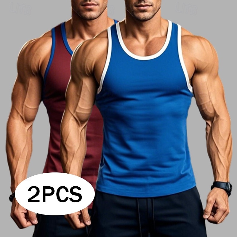 2 Stück Herren Tanktop Weste Unterhemd Ärmellos Shirt Ärmellos Rundhals Sommer Einfarbig Einfarbig Athletisch Farbblock 2er Pack Street Casual Sport Blau Blau Armee Grün Grau Top Tee 2025 - $17.99 –P1