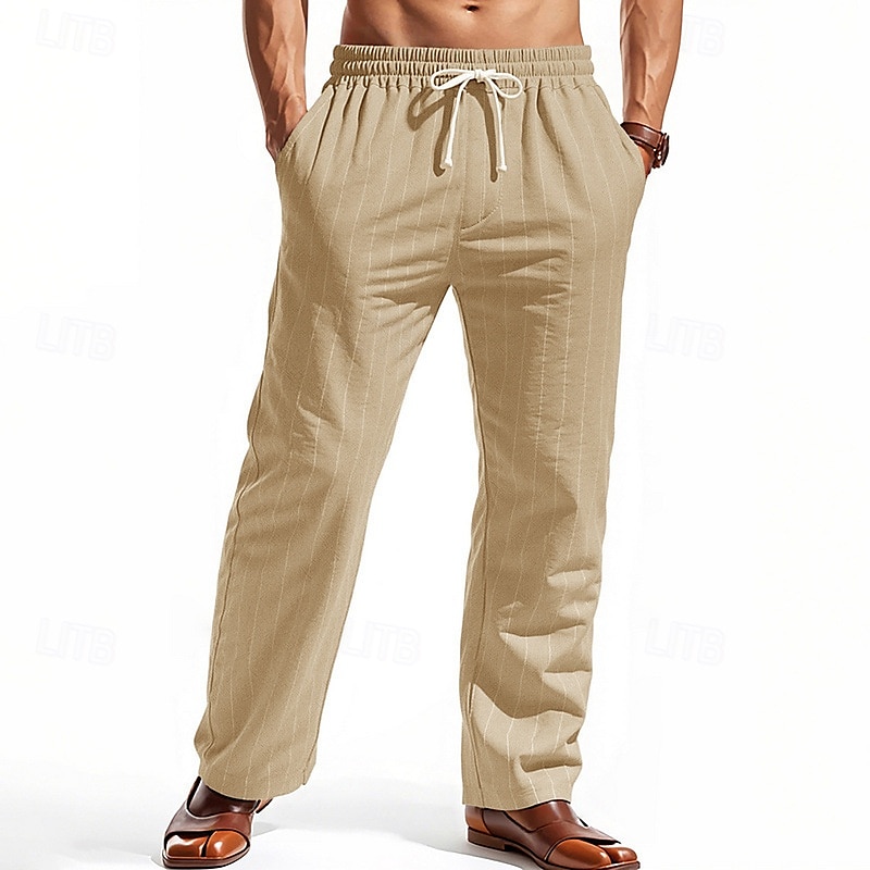 Men's Linen Pants Trousers Summer Pants Beach Pants Pocket Elastic Waist Drawstring Striped Comfort Breathable Vacation Daily Holiday Hawaiian Boho Black White 2025 - $21.99 –P13