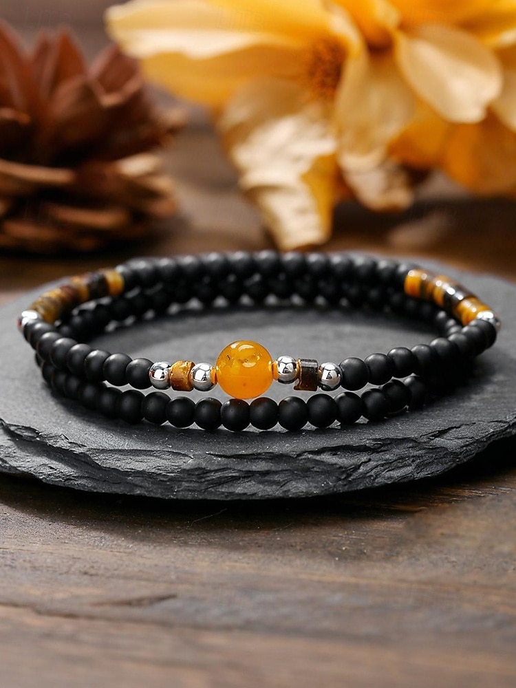Men’s Natural Stone Beaded Bracelet Set, Matte Black and Tiger Eye Beads with Yellow Accent, Minimalist Style for Business, Casual and Gift Occasions 2025 - $9.99 –P5