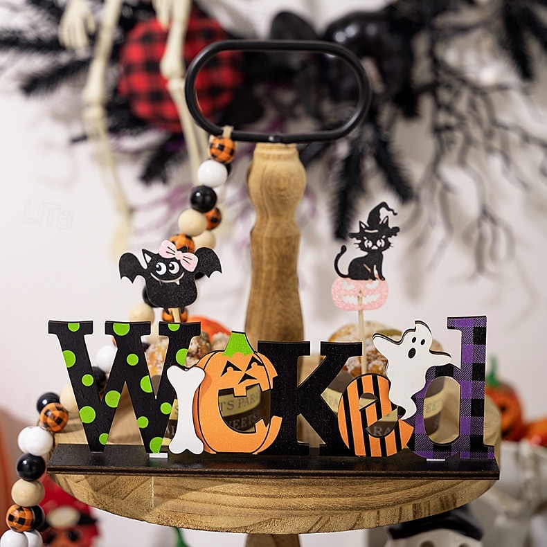 dekoracja na halloween z drewnianym środkiem, upiorny drewniany stojak na litery do ekspozycji na stole halloweenowym, dekoracja na imprezę w nawiedzonym domu DIY 2025 - $8.99 –P9