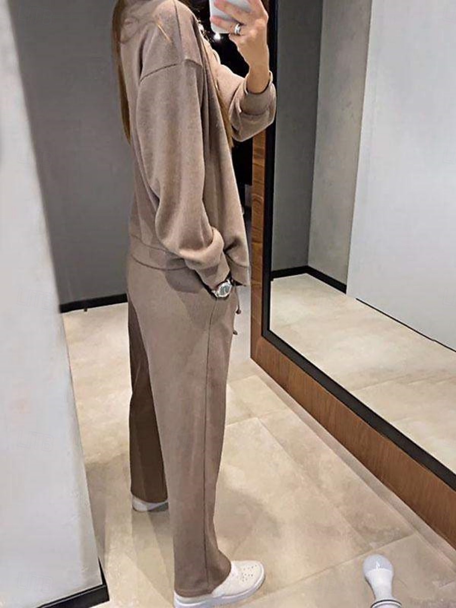 Women's Fashion Streetwear Daily Pants Sets Long Sleeve V Neck Plain Casual Daily Black Army Green Blue Fall Regular Fit 2025 - $34.99 –P3