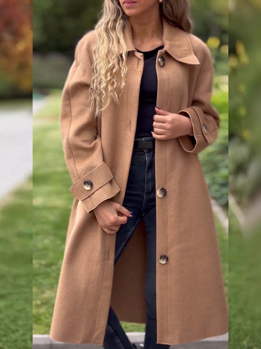 Dam Trenchcoat Bekväm Andningsfunktion Ficka Klassisk Ledigt Slät Semester Gata Ledigt Dagliga kläder Enkelknäppt Lång Nedvikt Normal Långärmad Ytterkläder Svart Gul Rodnande Rosa Vår Höst 2025 - $38.99 –P7