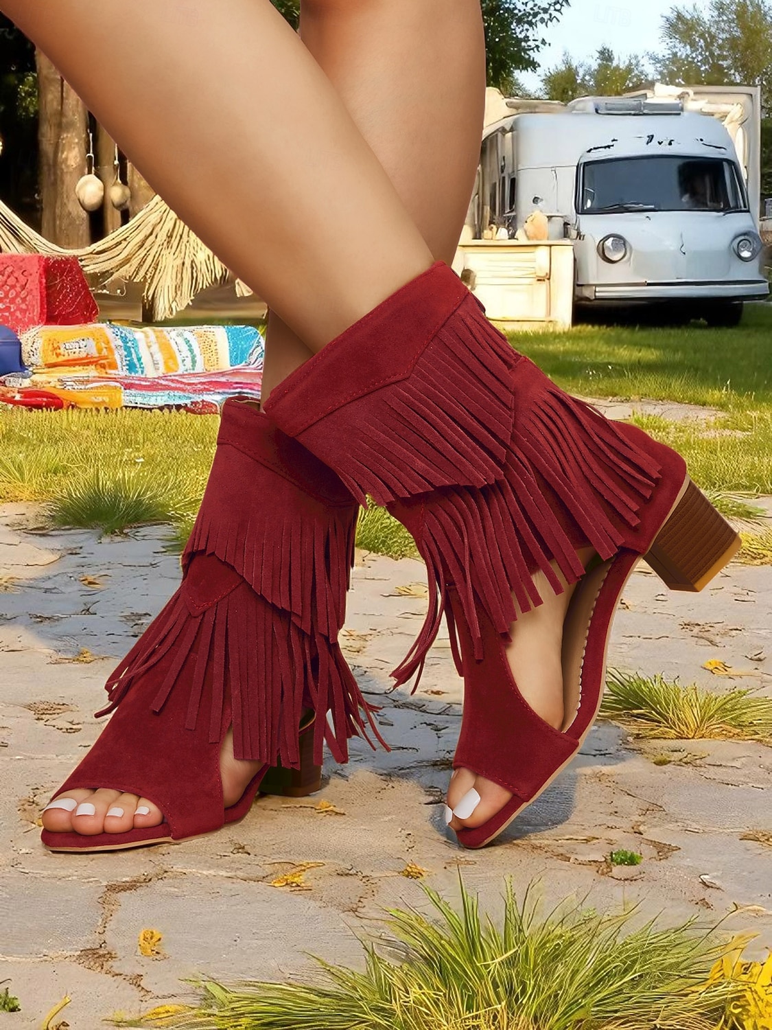 Bruna damsandaler med mockafransar och blockklack – bohemiska stövlar med öppen tå i västerländsk stil för musikfestivaler, sommarkläder och vardagskläder 2026 - $46.99 –P6