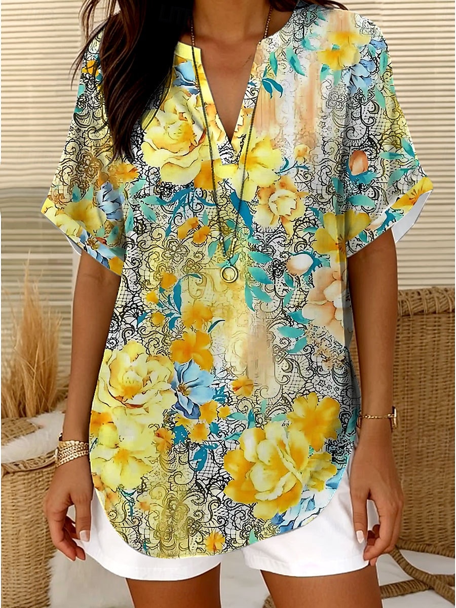 Women's Blouse Floral Graphic Striped Elegant Daily Casual Sleeveless Short Sleeve V Neck Notched Neck Regular Tops Daily Holiday Going out White Yellow Blue Khaki Summer Spring 2025 - $23.99 –P2