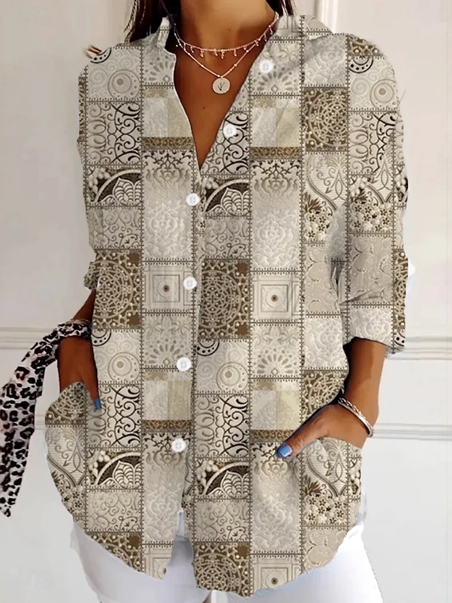 Femmes Chemise Graphique Géométrique Rayé ancien Tropical Quotidien manche longue Col de chemise Hauts Réguliers Travail Quotidien Fête Boutons Imprimé Vin Rouge Kaki Été Printemps Automne de 2025 ? $32.99 –P3
