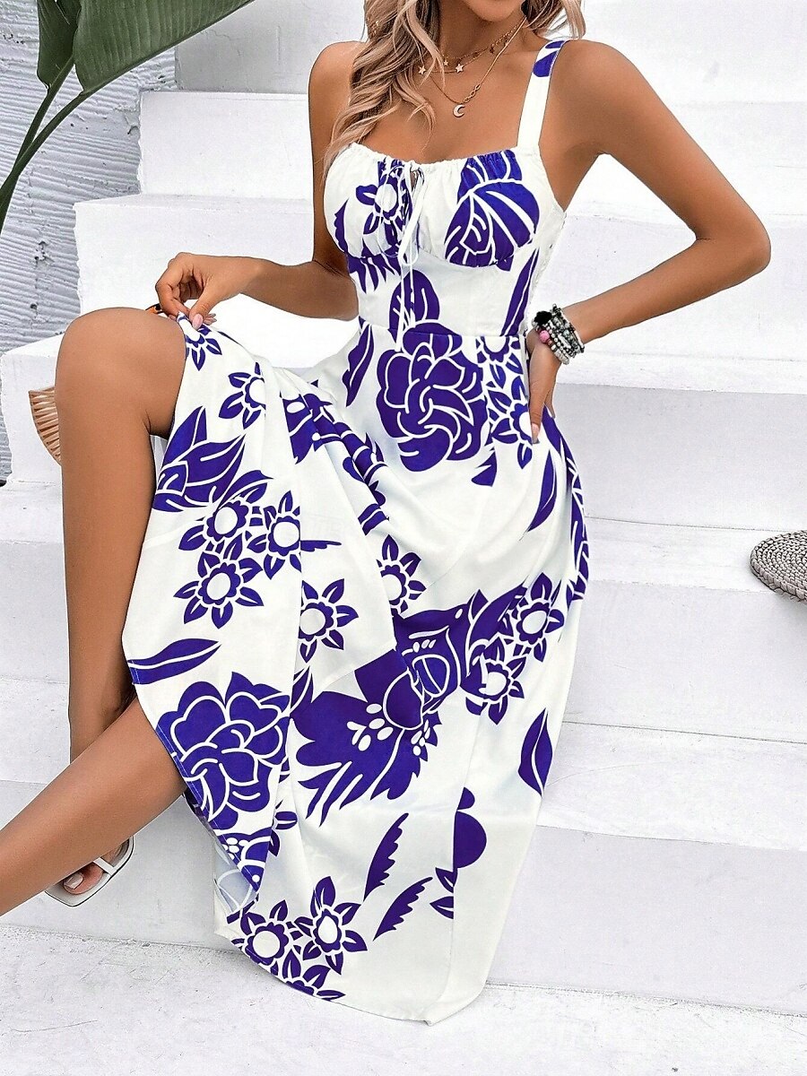 Női Maxiruha A vonalú ruha Slip ruha Szabadság Alkalmi Boho Szabadtéri Alkalmi Normál Virágos Ujjatlan Spagettipánt Sötétkék Medence Lóhere Nyár Tavasz 2025 - $34.99 –P21