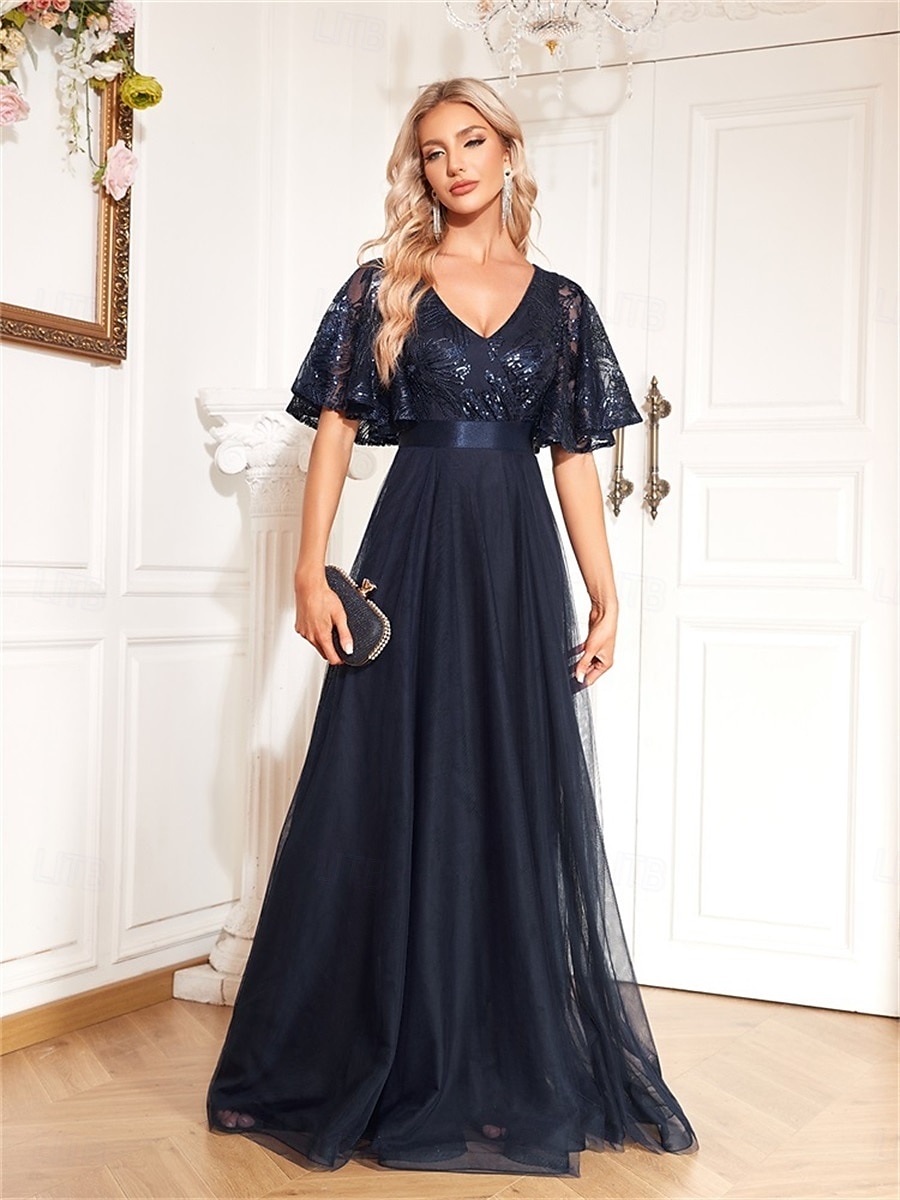 Rochii A-Line pentru Quinceanera Tip Sirenă/Trumpetă Rochie Elegantă Formală pentru Nuntă Lungime până la podea Mâneci scurte Cu decolteu în V Tulle cu pliuri 2025 - $99.99 –P3
