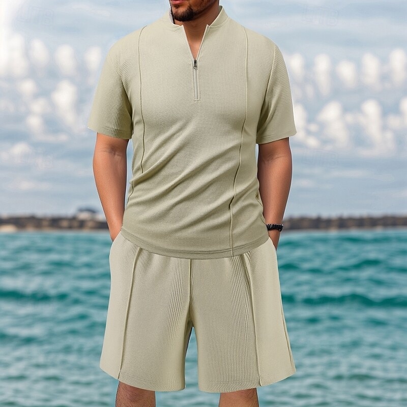 Men's Waffle Shirt T-shirt Suits 2 Pieces Outfits Tee & Shorts Short Sleeve Quarter Zip Summer Plain Fashion Casual 2 Piece Vacation Daily Wear Going out Black khaki Gray Top Tee for Men 2025 - $38.99 –P1