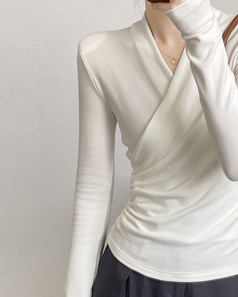 Femmes Chemisier Uni Moderne Occasionnel manche longue Col en V Hauts Réguliers Quotidien Fête Froncé Noir Blanche Marron clair Automne de 2025 ? $22.99 –P14