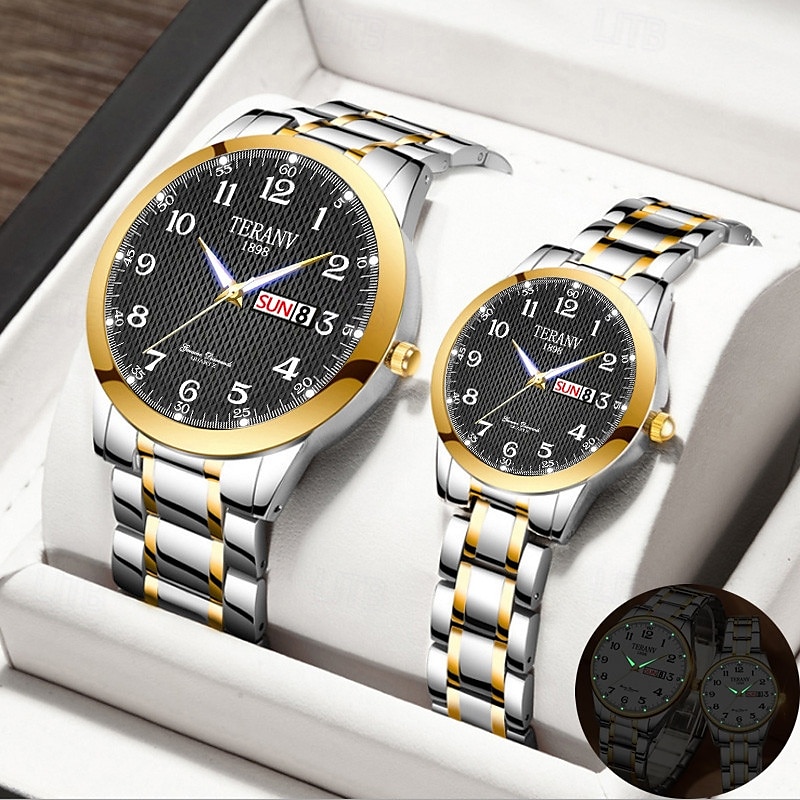 il s'agit d'une montre de couple élégante avec deux cadrans numériques ronds et des bracelets en acier inoxydable dotés d'un affichage de date lumineux étanche IPX7 du lundi au dimanche. c'est un de 2025 ? $28.99 –P1