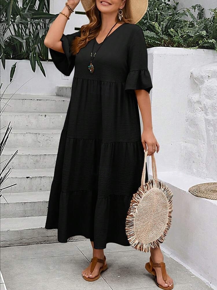 Women's Maxi Dress A Line Dress Vacation Casual Beach Daily Holiday Date Plain Half Sleeve V Neck Navy Black Ivory Yellow Summer 2025 - $39.99 –P3