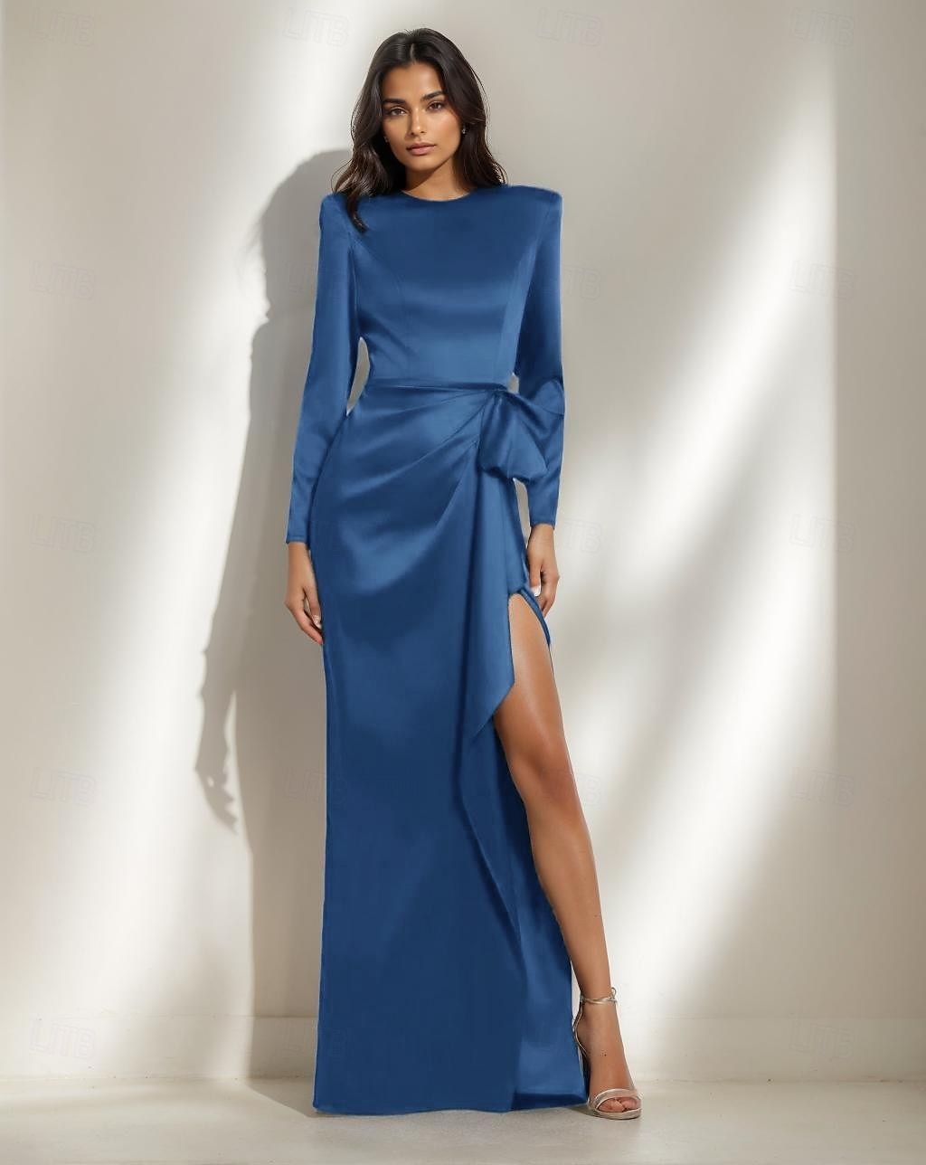 Vestido de Noite Black Tie Sereia  Trompete Vestido Elegante Formal Casamento Comprimento de Piso Manga Longa Vestido de Cetim Decote Redondo com Laço(s) Fenda com Pregas de 2025 por $144.99 –P1