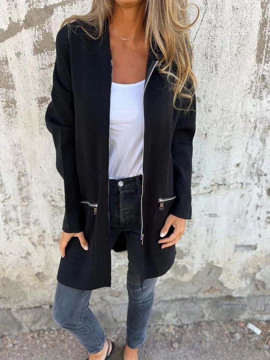 Women's Casual Jacket Hoodie Jacket Breathable Comfortable Zipper Pocket Casual Plain Vacation Street Daily Wear Going out Zipper Regular Hooded Regular Fit Long Sleeve Outerwear Black Red Blue 2025 - $32.99 –P9
