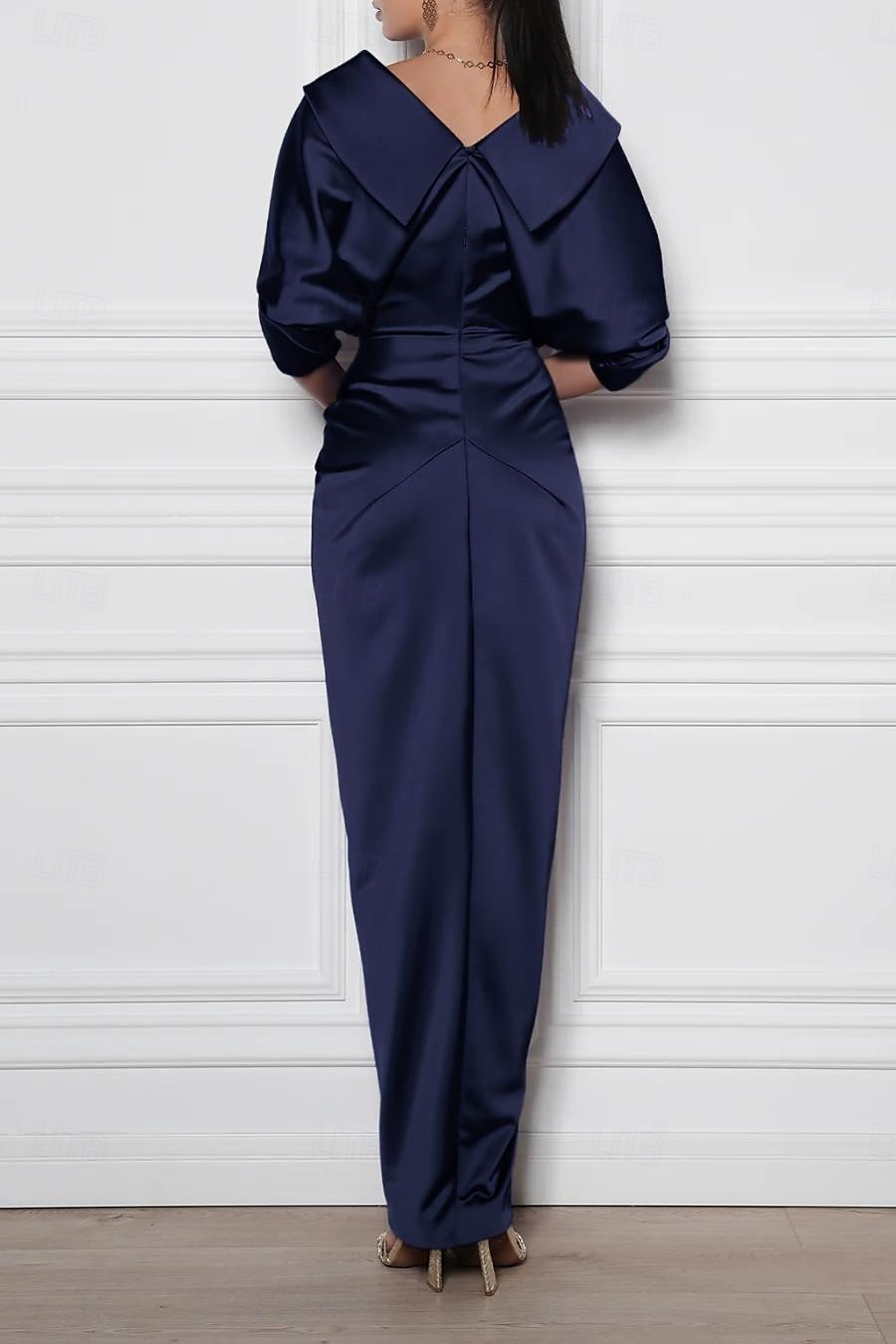 Meerjungfrau  Trompeten Brautmutter Kleid Elegantes Einfaches Minimalistisches V-Ausschnitt Portrait-Kragen Bodenlang Stretch-Satin Halblange Ärmel mit gerafften Details und Schlitz 2025 - $143.99 –P3