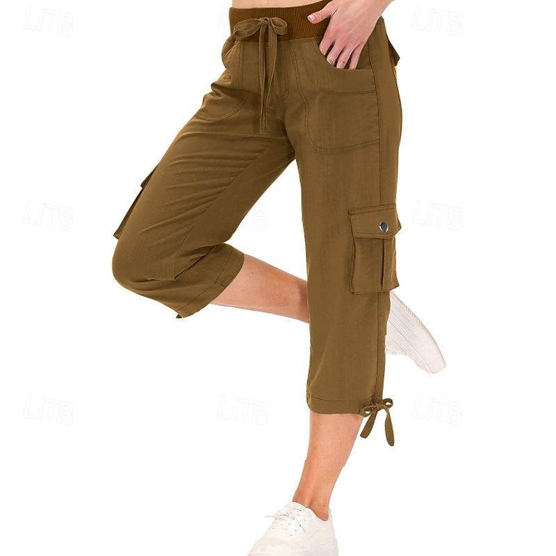 Damen Cargo-Hosen Stoffhosen Streetwear Lässig Wadenlang Natürliche Taille Einfach Tasche Elastisches Kordelzugdesign Bequem Außenbereich Outdoor Streetwear Kamel Dunkelbraun Hellhimmelblau Schwarz 2025 - $22.99 –P13