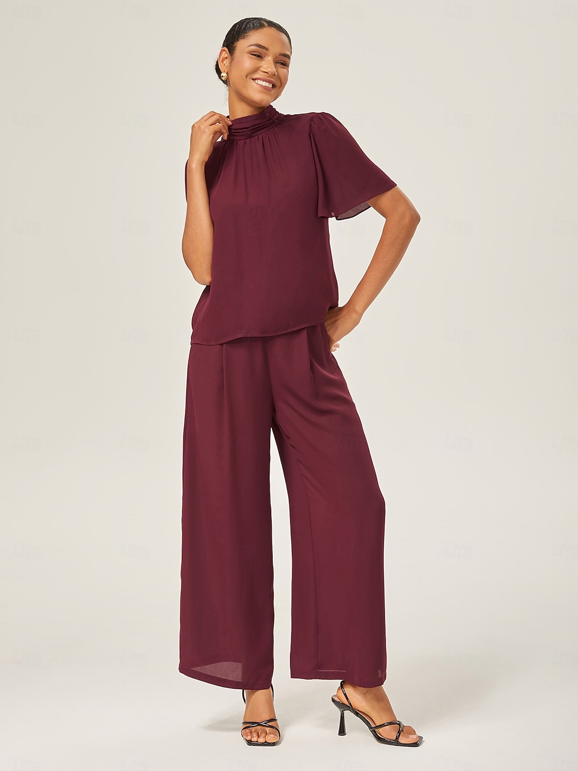 elegante completo in chiffon arricciato con collo alto del 2025 a $84.99 –P6