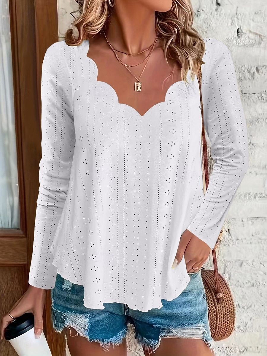 Women's Blouse Solid Color Basic Casual Long Sleeve V Neck Regular Tops Daily Eyelet Black White Pink Khaki Summer 2025 - $17.99 –P5