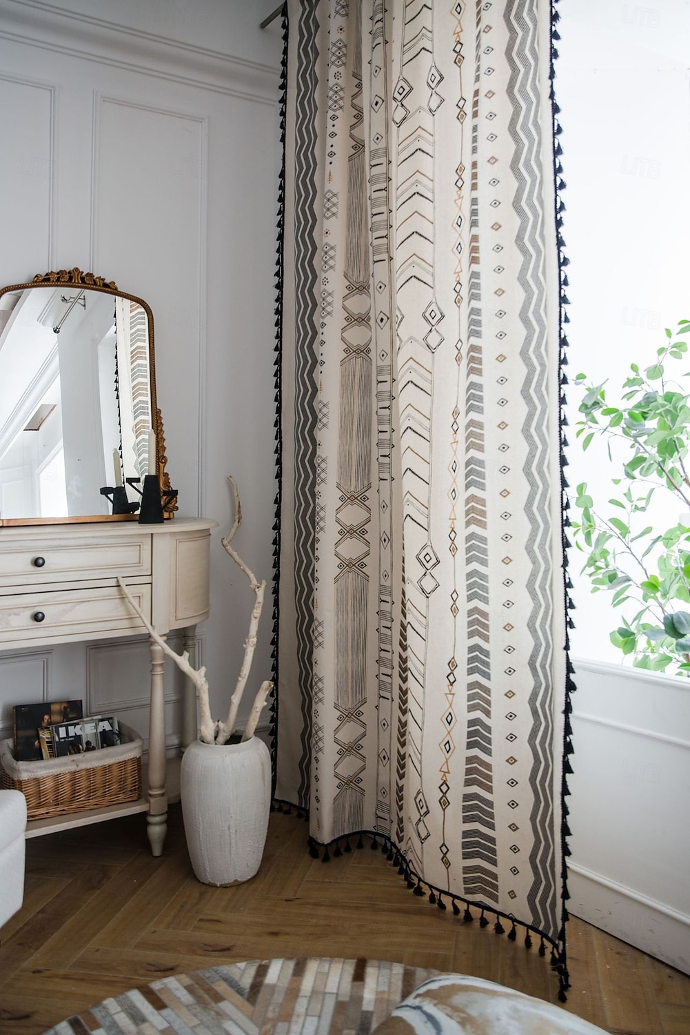 Boho Κουρτίνες από Κοντό Λινό με Χάντρες Γεωμετρικό Ημι-Σκοτεινό Εκτύπωση Αγροτική Μποέμ Κουρτίνες Παραθύρων για Καθιστικό Ροδόχρωμες Κουρτίνες 1 Πάνελ 2025 - $22.99 –P7