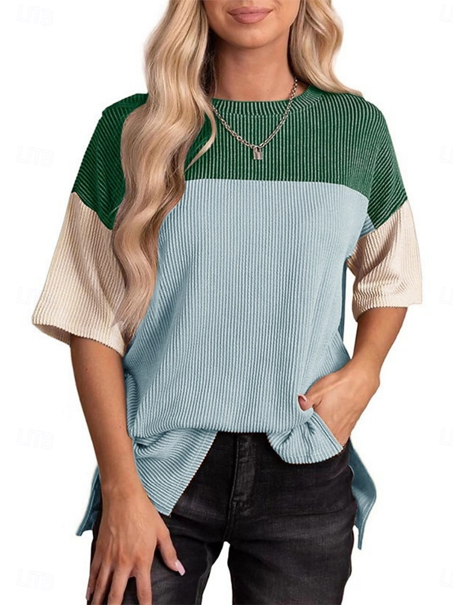 Dame T skjorte Fargeblokk Mote Moderne Fritid Kortermet Crew-hals Vanlige topper Daglig Helg Lapper Svart Rosa Oransje Grønn Kakifarget Sommer Vår 2025 - $25.99 –P4