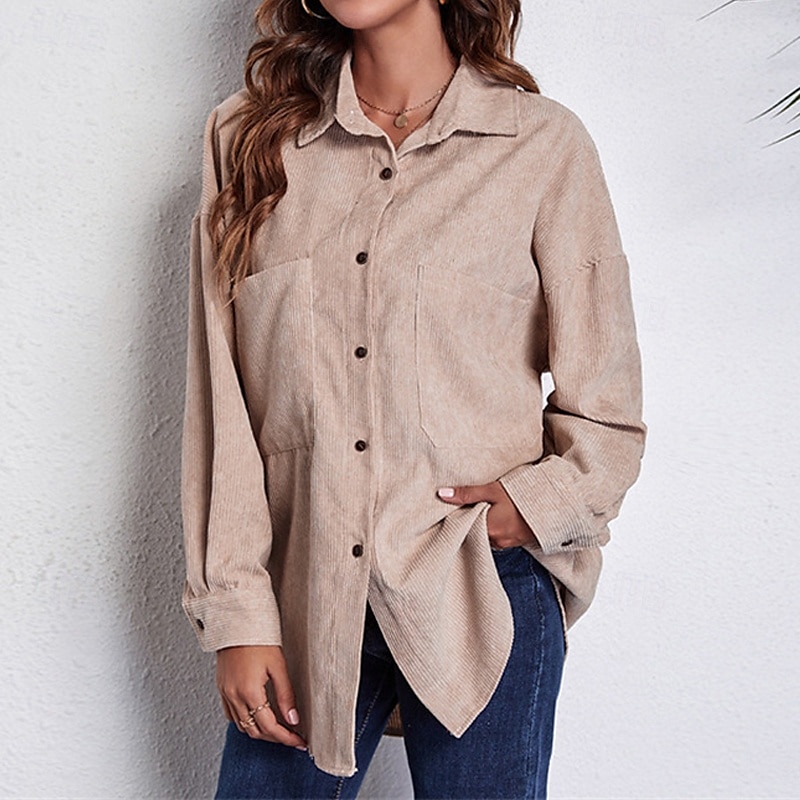 Dames Overhemd Effen Dagelijks Stijlvol Basic Lange mouw Overhemdkraag Normale tops Werk Dagelijks Feestdagen Knop Khaki Lente Herfst 2025 - $23.99 –P5