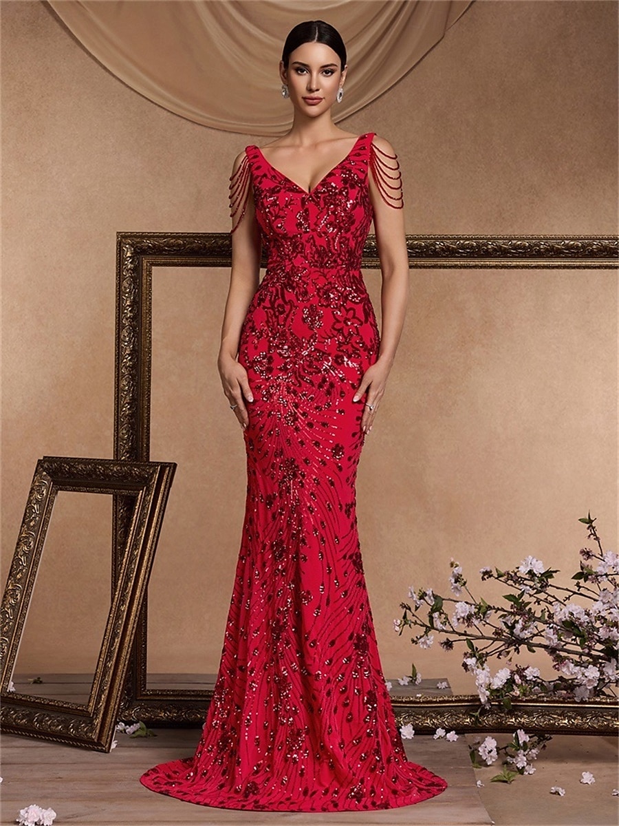 Vestidos de quinceañera de sirena/trumpet vestido elegante boda invitada de boda larga sin mangas con cuello de pico poliéster sin espalda con lentejuelas 2025 - $109.99 –P3
