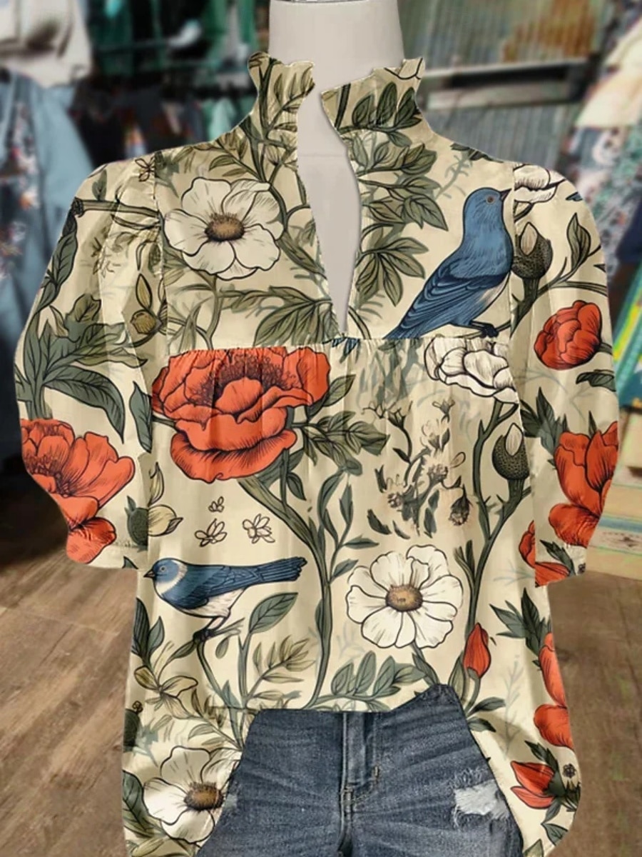 Women's Shirt Floral Stylish Modern Half Sleeve V Neck Regular Tops Daily Holiday Print White Blue Green Khaki Summer 2025 - $26.99 –P4