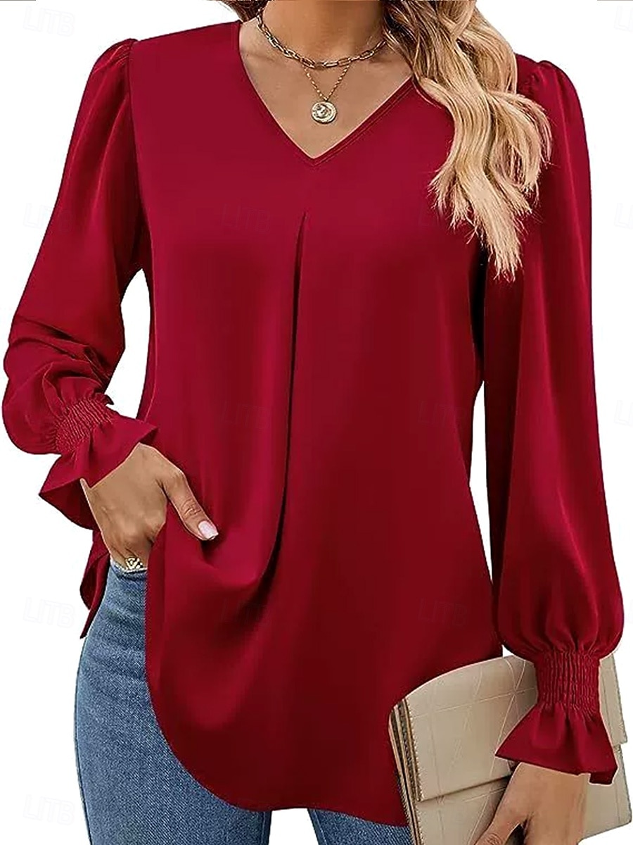 Damen Hemd Einfarbig Einfach Elegant Stilvoll Basic Langarm V Ausschnitt Einkerbiger Ausschnitt Normale Oberteile Arbeit Täglich Ferien Rüsche Rosa Rote Königsblau Orange Khaki Frühling Herbst Winter 2025 - $19.99 –P1