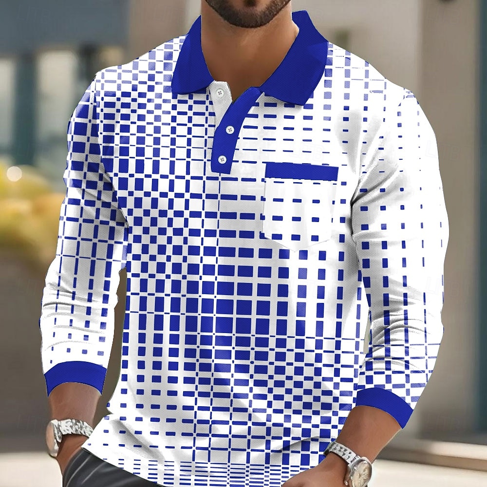 Homme Géométrique Polo manche longue Polos Chemises à Col Vêtement décontracté de travaile Affaires Athleisure Tenue quotidienne Boutons Avec Poches Impression 3D Printemps Automne Hiver Noir Bleu de 2025 ? $21.99 –P4