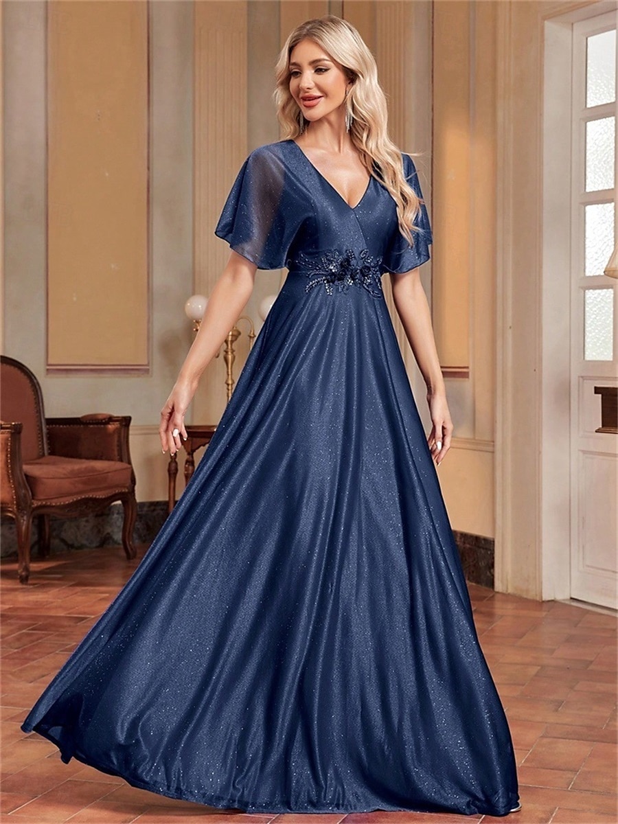 A-Linie Quinceanera Kleider Elegantes Kleid Formelle Hochzeit Bodenlang Kurzarm V-Ausschnitt Chiffon mit Falten 2025 - $99.99 –P6