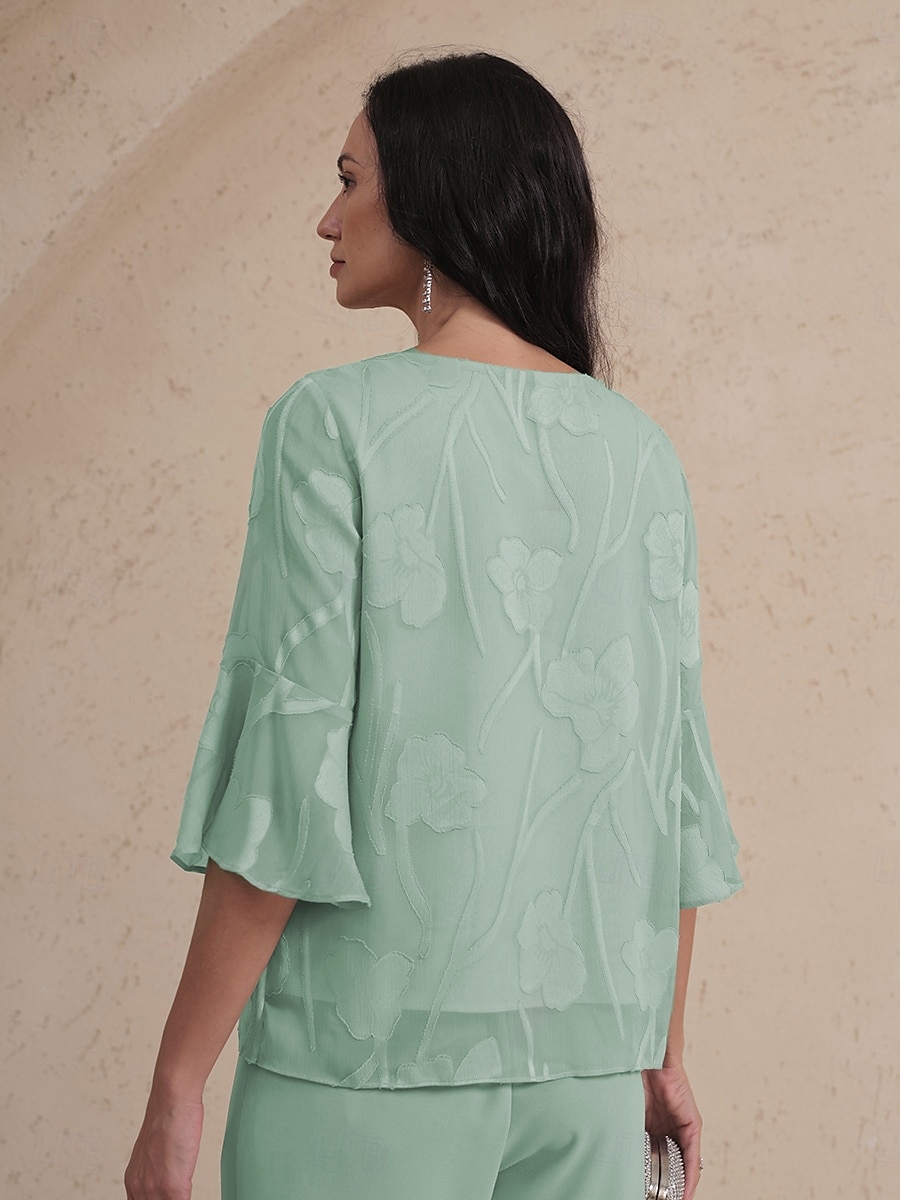 Dame Blondeskjorte Bluse Dressy topper Chiffongoverdeler Helfarge Blomsternål i krystall Elegant Stilfull Grunnleggende 3/4 ermer Klokke Båthals Vanlige topper Bryllupsgjest Arbeid Daglig Utskjæring 2025 - $10.99 –P1