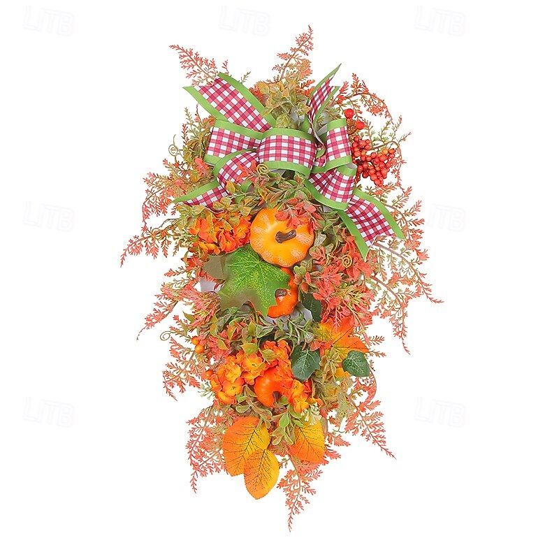 Høstkrans til inngangsdøren, takksigelse, høsthøst, innendørs utendørs dekorasjon, kunstig blomsterkrans med gresskar og sløyfe, rustikk høstdørhenger 2025 - $29.99 –P5