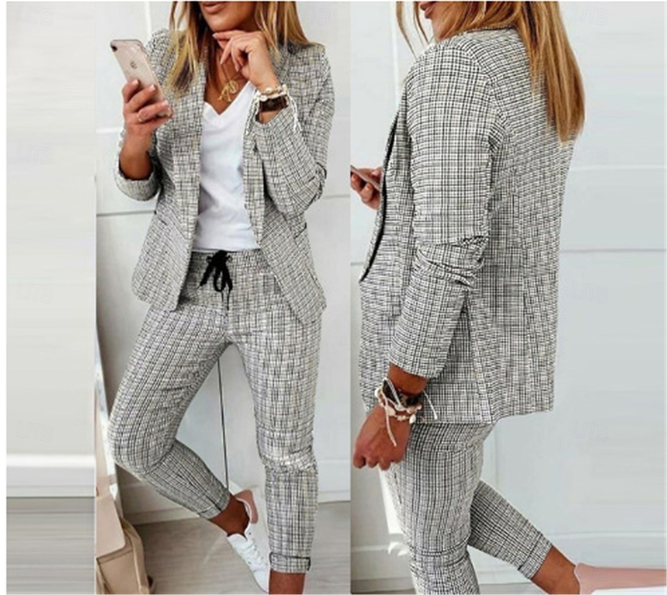 Damskie Moda Moda miejska Codzienny Garnitury marynarki Długi rękaw Kołnierzyk koszuli Kratka Nadruk Biuro Praca Czarny Rumiany róż Khaki Wiosna Regularny 2025 - $37.99 –P4