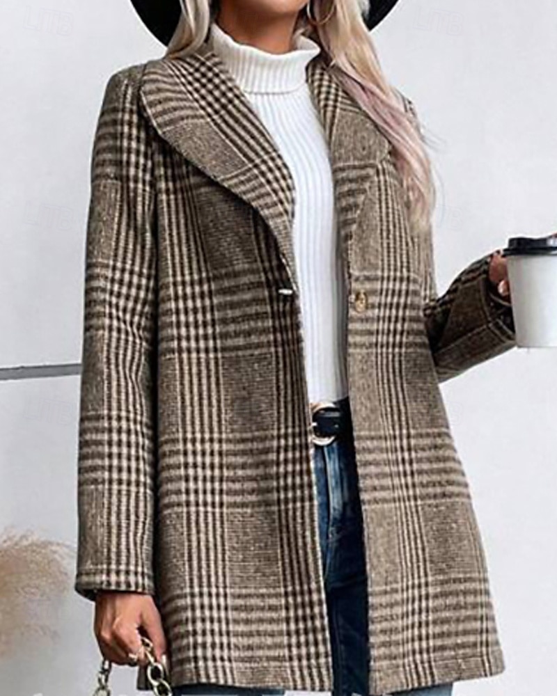 Women's Coat Warm Comfortable Buttons Casual Plaid Outdoor Holiday Single Breasted Regular Turndown Regular Fit Long Sleeve Outerwear Red Camel Gray Fall Winter 2025 - $34.99 –P5