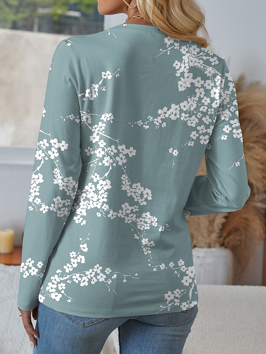 Dame T skjorte Blomstret Grafisk Planter Årgang Stilfull Fritid Langermet Crew-hals Vanlige topper Daglig Helg Trykt mønster Blå Dusty Blue Lilla Grønn Sommer 2025 - $22.99 –P2