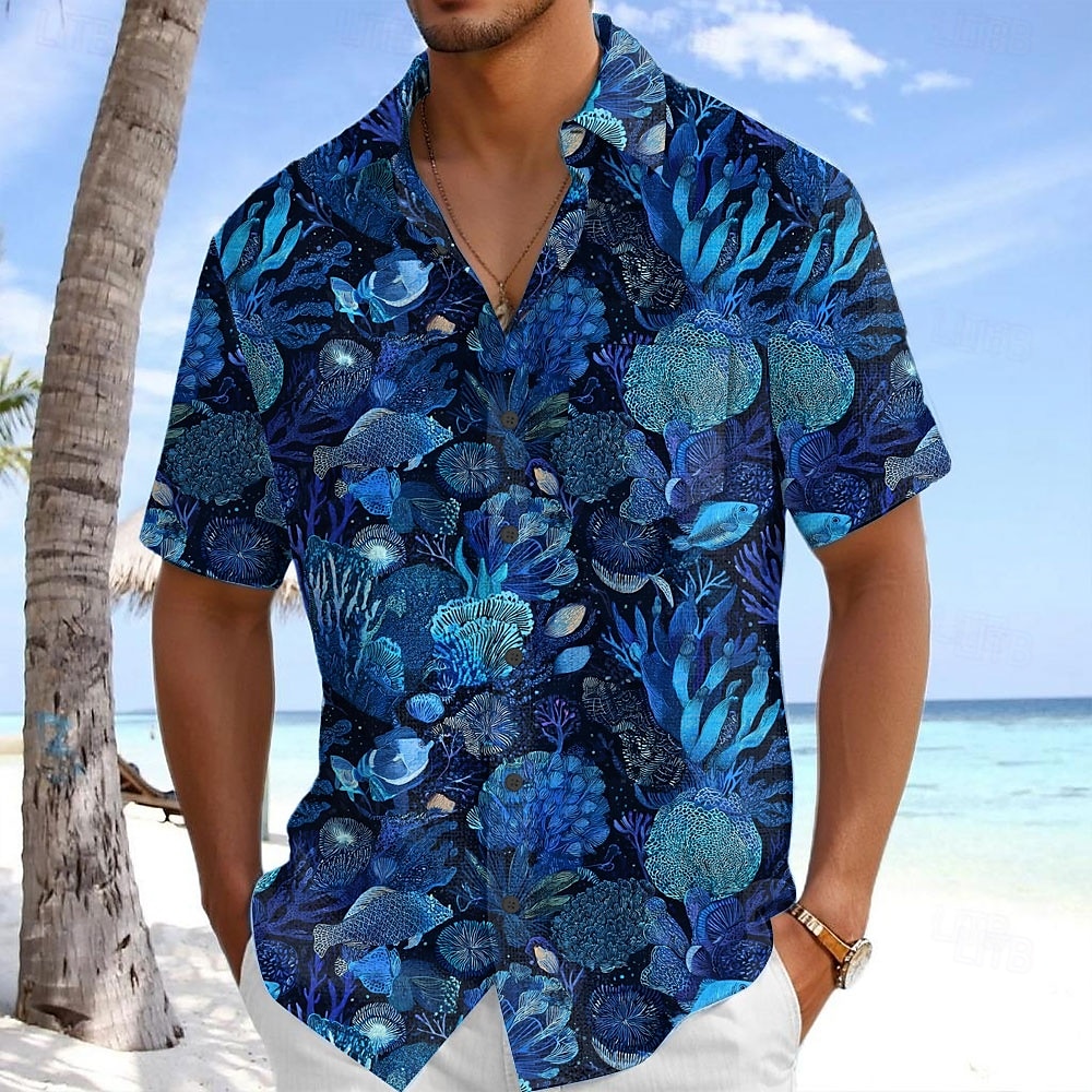 Herren Meeresbewohner Korallenrot Sommer Hawaiihemd Knopfhemd Alohahemd Kurzarm Hemd Umlegekragen Hawaiianisch Urlaub Ferien Strandbekleidung Grün Dunkelblau S M L 2025 - $23.99 –P1