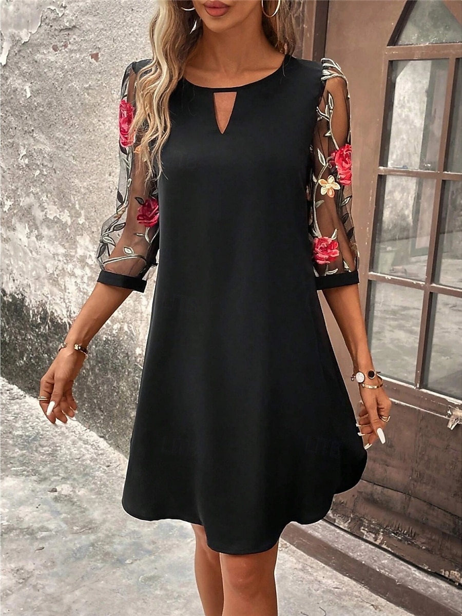 Damen Minikleid A Linie Kleid Sommerkleid Lässig Täglich Normale Passform Blumen Grafik Dreiviertelarm Rundhalsausschnitt Schwarz Wein Grün Dunkelblau Sommer 2025 - $29.99 –P3