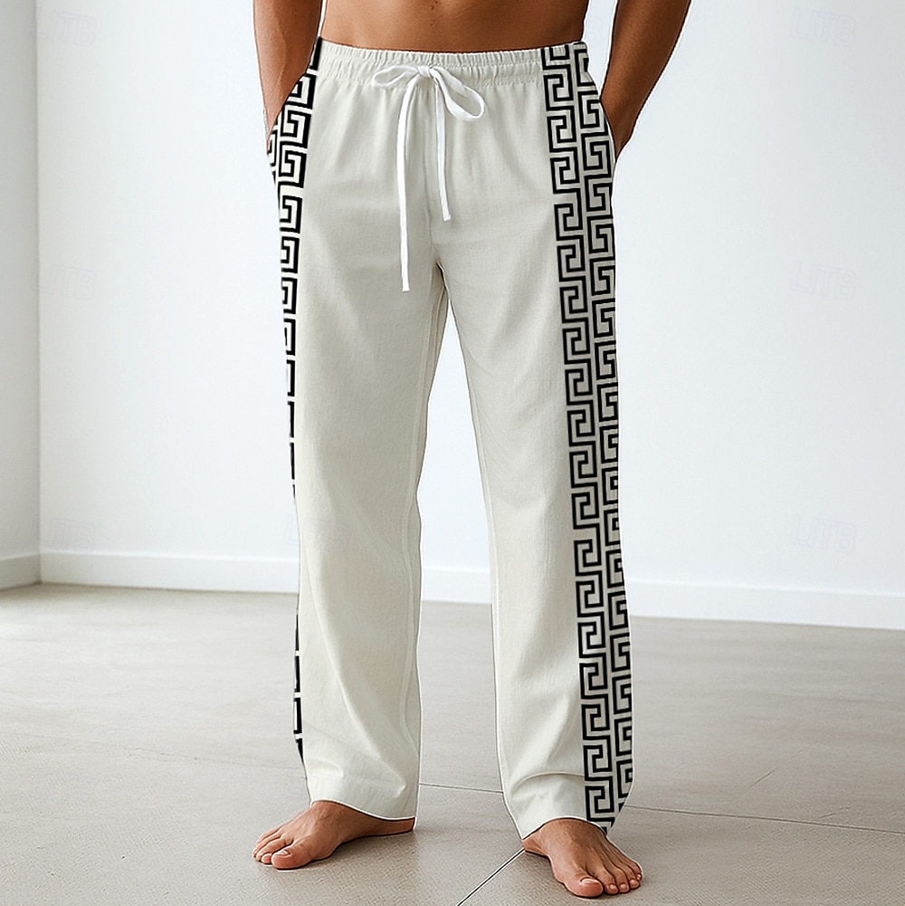 Men's Trousers Baggy Pants Casual Pants Side Pockets Elastic Waist Wide Leg Greek Key Meander Full Length Outdoor Vacation Ethnic Style White Blue Inelastic 2025 - $27.99 –P2