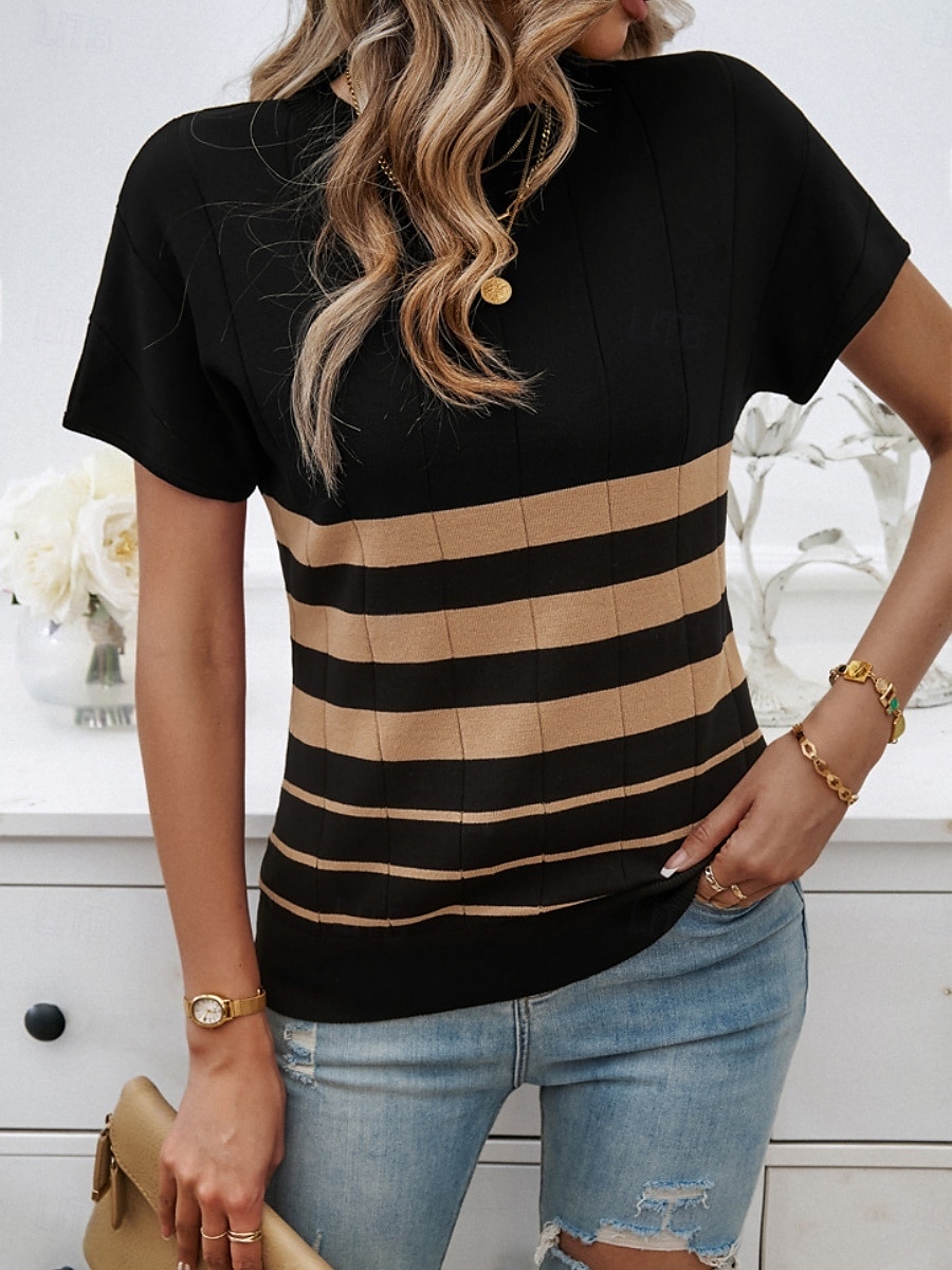 Dame Bluse Stripet Stilfull Fritid Kortermet Crew-hals Vanlige topper Daglig Lapper Svart Hvit Brun Kakifarget Sommer 2025 - $28.99 –P18