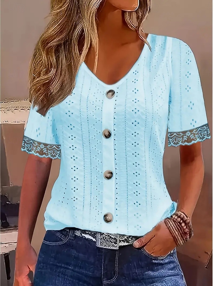 Mulheres Camisa de renda Côr Sólida à moda Casual Estilo Praia Manga Curta Decote V Tops regulares Diário Renda Patchwork Botões Branco Azul Céu Verão de 2025 por $17.99 –P1