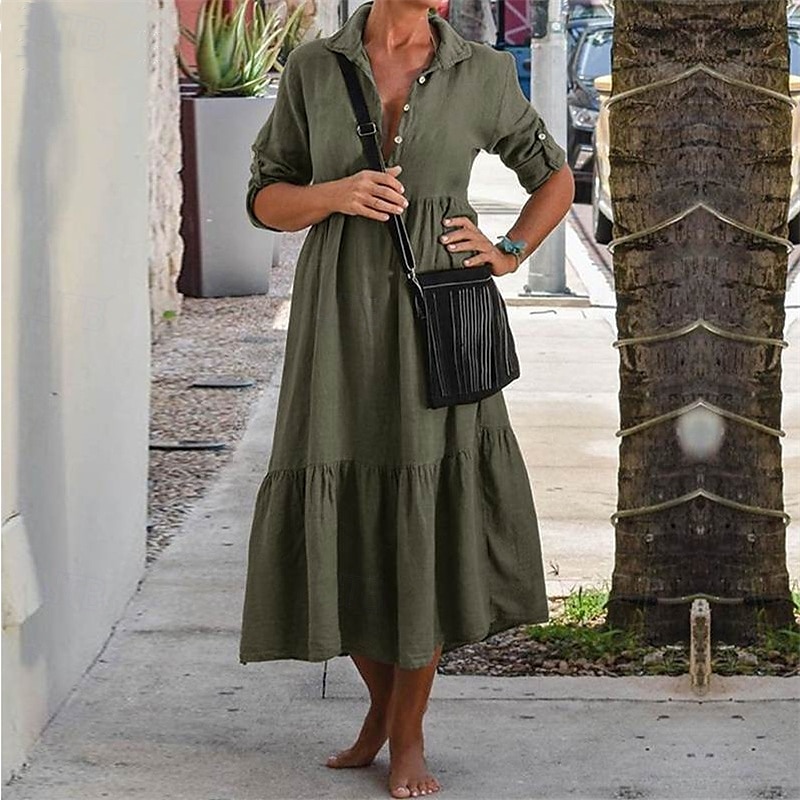 Per donna Abito Midi Vestito Casual Abito in cotone e lino Abito Estivo Moda Moderno All'aperto Data Weekend Vestibilità regolare Semplice Senza Maniche Colletto a Camicia Giallo Vino Verde militare del 2025 a $36.99 –P12