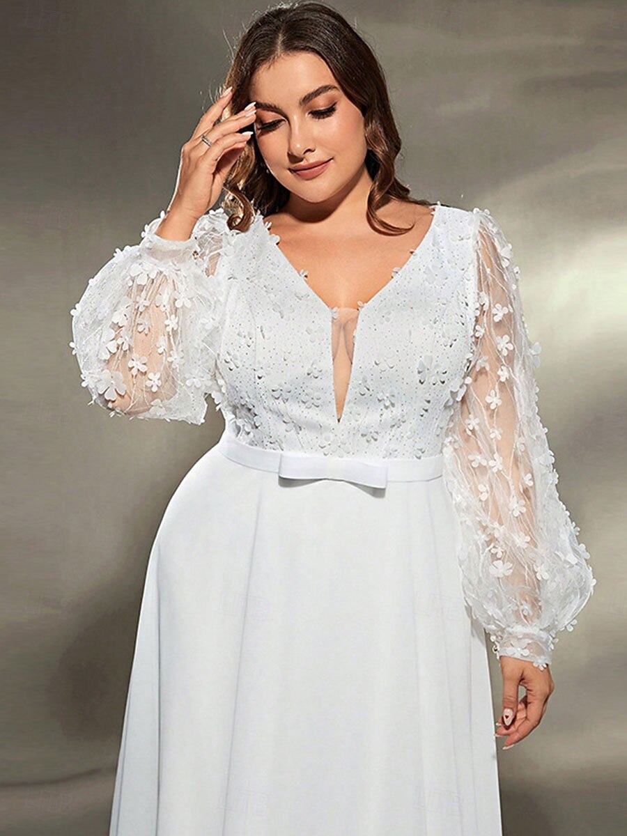 A-Line Evening Gown Elegant Dress Formal Wedding Sweep / Brush Train Long Sleeve V Neck Chiffon with Pleats 2025 - $89.99 –P3