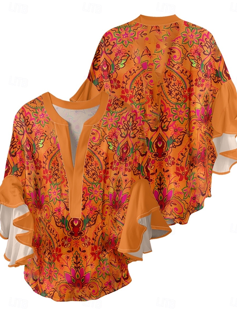 Mujer Blusa Volante Estampado Floral Elegante Moderno Manga 3/4 Escote en Pico Tops regulares Diario Festivos Azul Piscina Rosa Naranja Verde Trébol Verano 2026 - $37.99 –P7