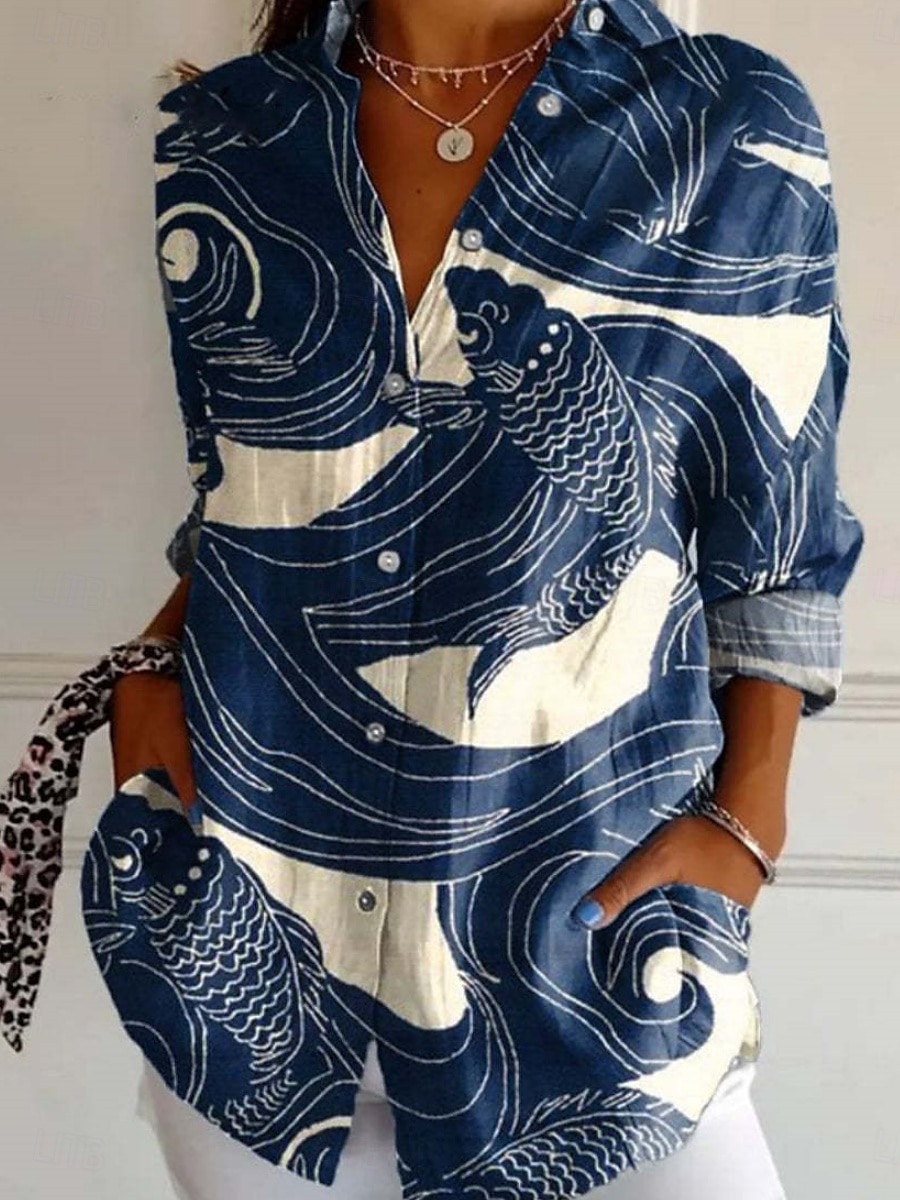 Femmes Chemise Fleuri Géométrique Élégant Moderne manche longue Col de chemise Hauts Réguliers Quotidien Fête Boutons Imprimé Rouge bleu marine Bleu Fuchsia Été de 2025 ? $25.99 –P3