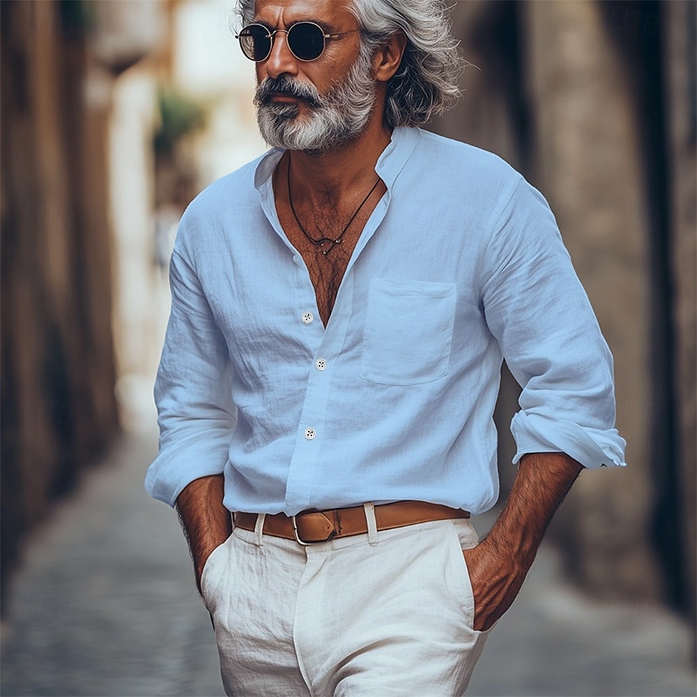 Voor heren Overhemd Linnen overhemd Overhemd met bandkraag Zomer overhemd Strand Kleding Overhemd met knopen Effen Vakantie Streetwear Zwart Wit Blauw Khaki Lange mouw Band Kraag Lente zomer Kleding 2025 - $21.99 –P8