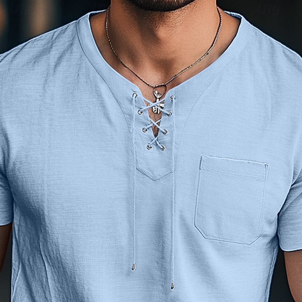 Pánské Tričko Henley Tričko Top Krátký rukáv Pevná barva Bez vzoru Jednobarevné Módní Designové Základní kravata vpředu Do V Dovolená ulice Ležérní Léto Černá Bílá Vodní modrá Tričko Henley 2025 - $20.99 –P2