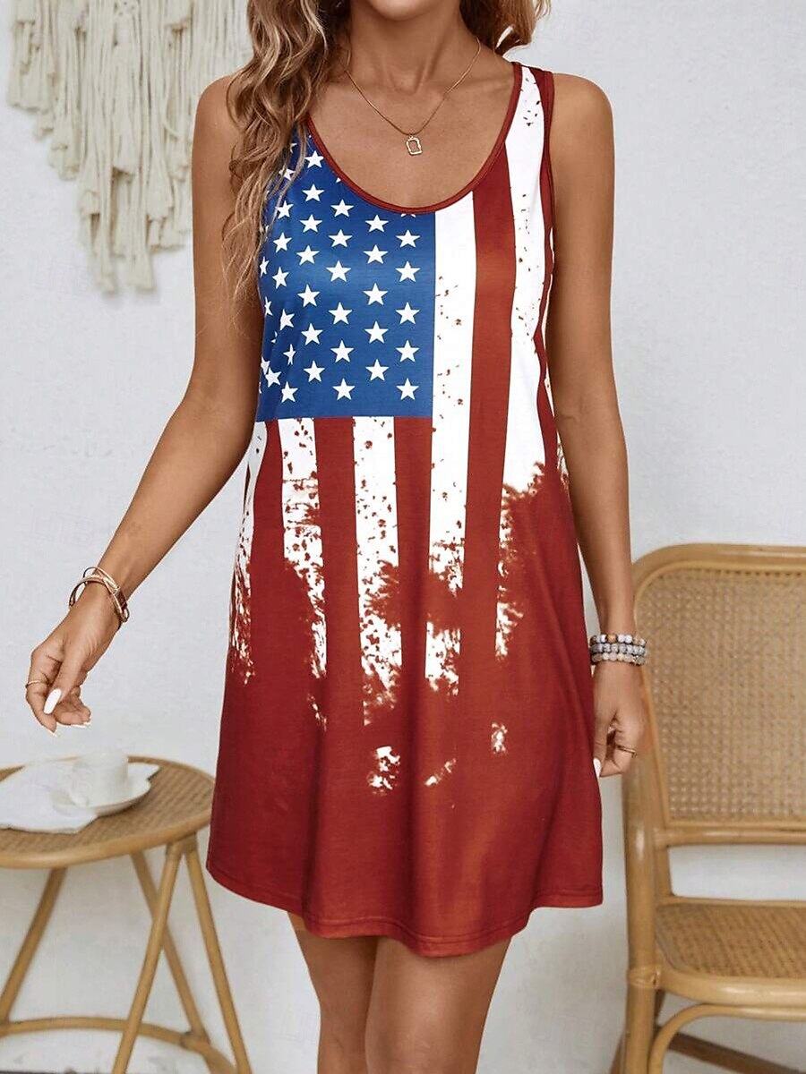Feminines Patriotisches Minikleid A-Linien Kleid Sommer Kleid Schulterfrei Kleid Urlaub Lässig Täglich Normale Passform Grafik Flagge Ärmellos U-Ausschnitt Rot Sommer 2025 - $21.99 –P4